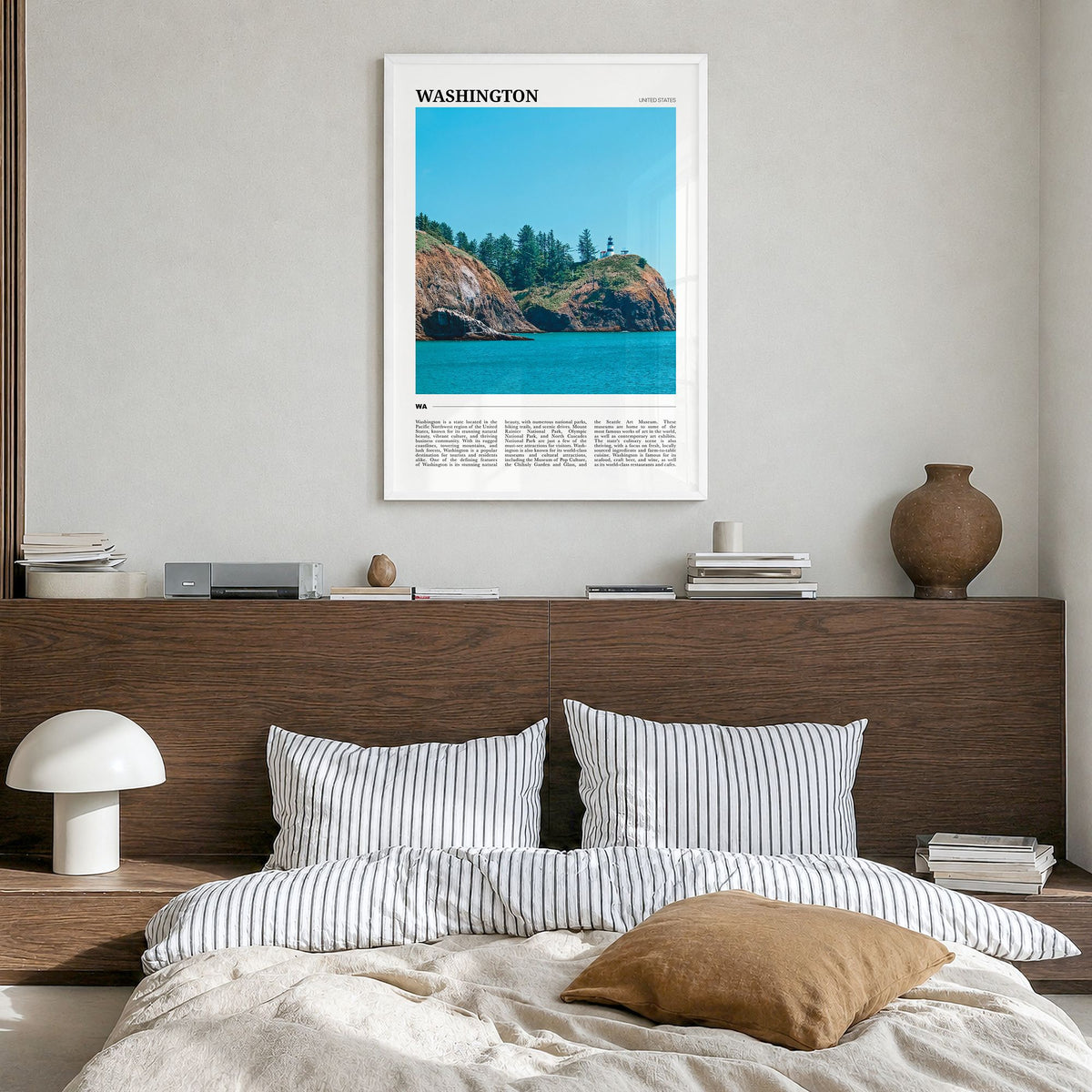 Washington (State) Travel Poster in a white wood frame, hanging in a bedroom