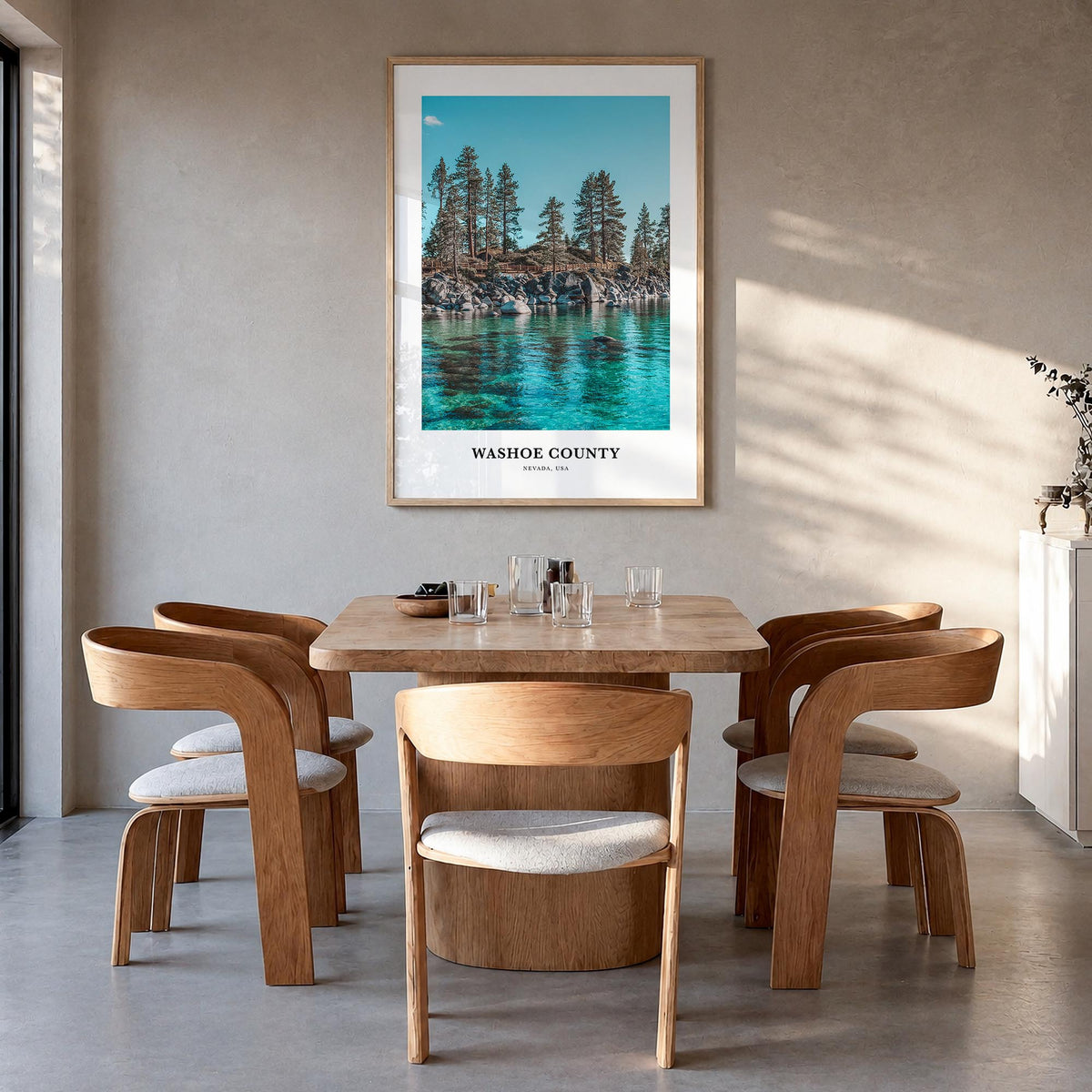 Washoe County colorful classic poster of Nevada, USA – vertical wall art in natural wood frame, hanging on wall