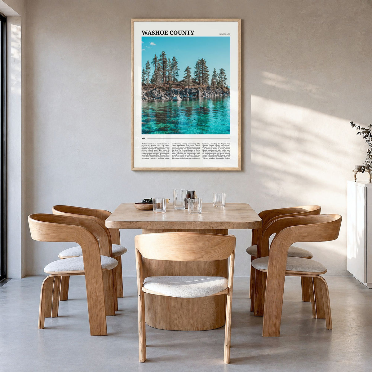 Washoe County Travel Poster in a natural wood frame, hanging in a dining room