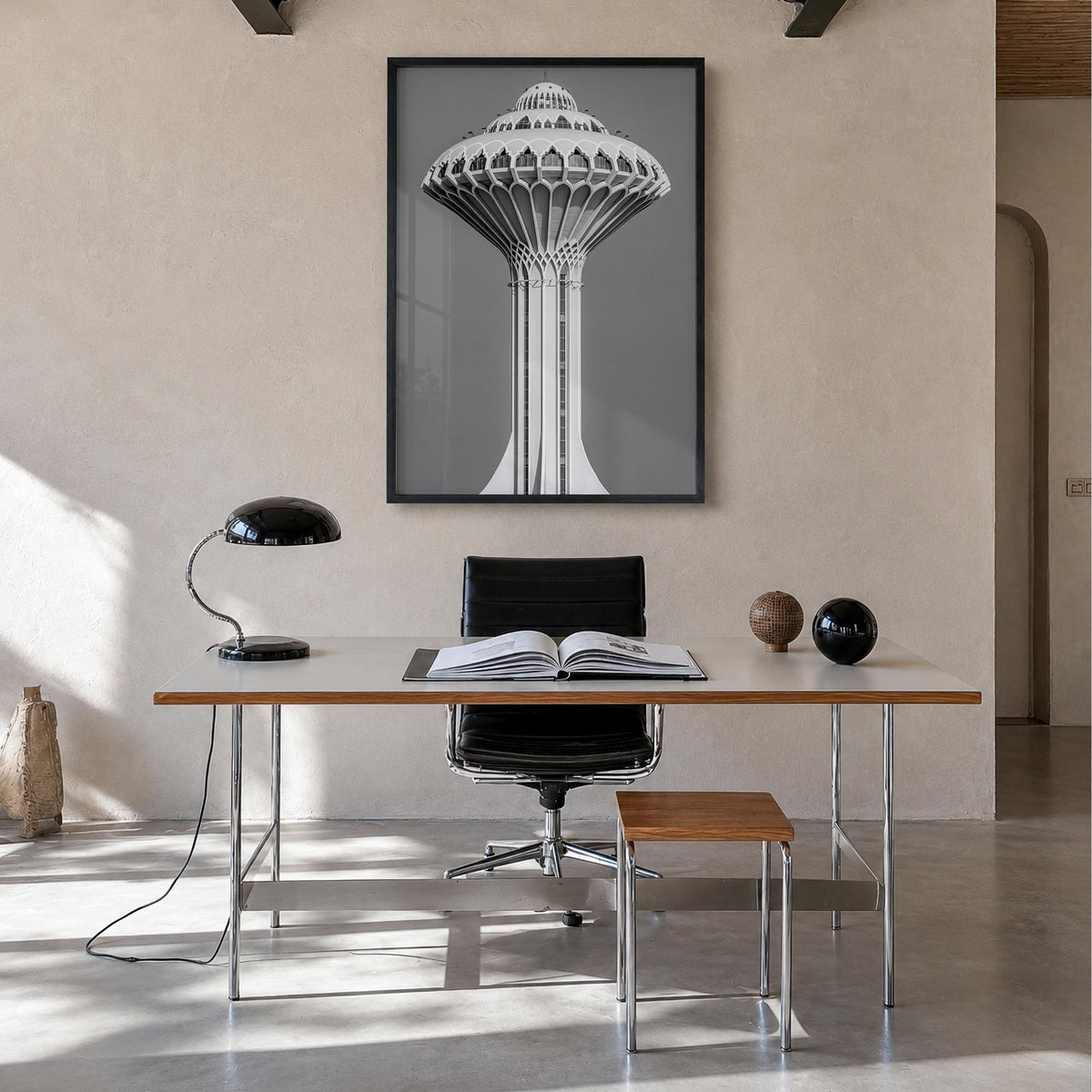 Water Tower no. 1 black & white photo poster – vertical wall art in black wood frame, hanging on wall