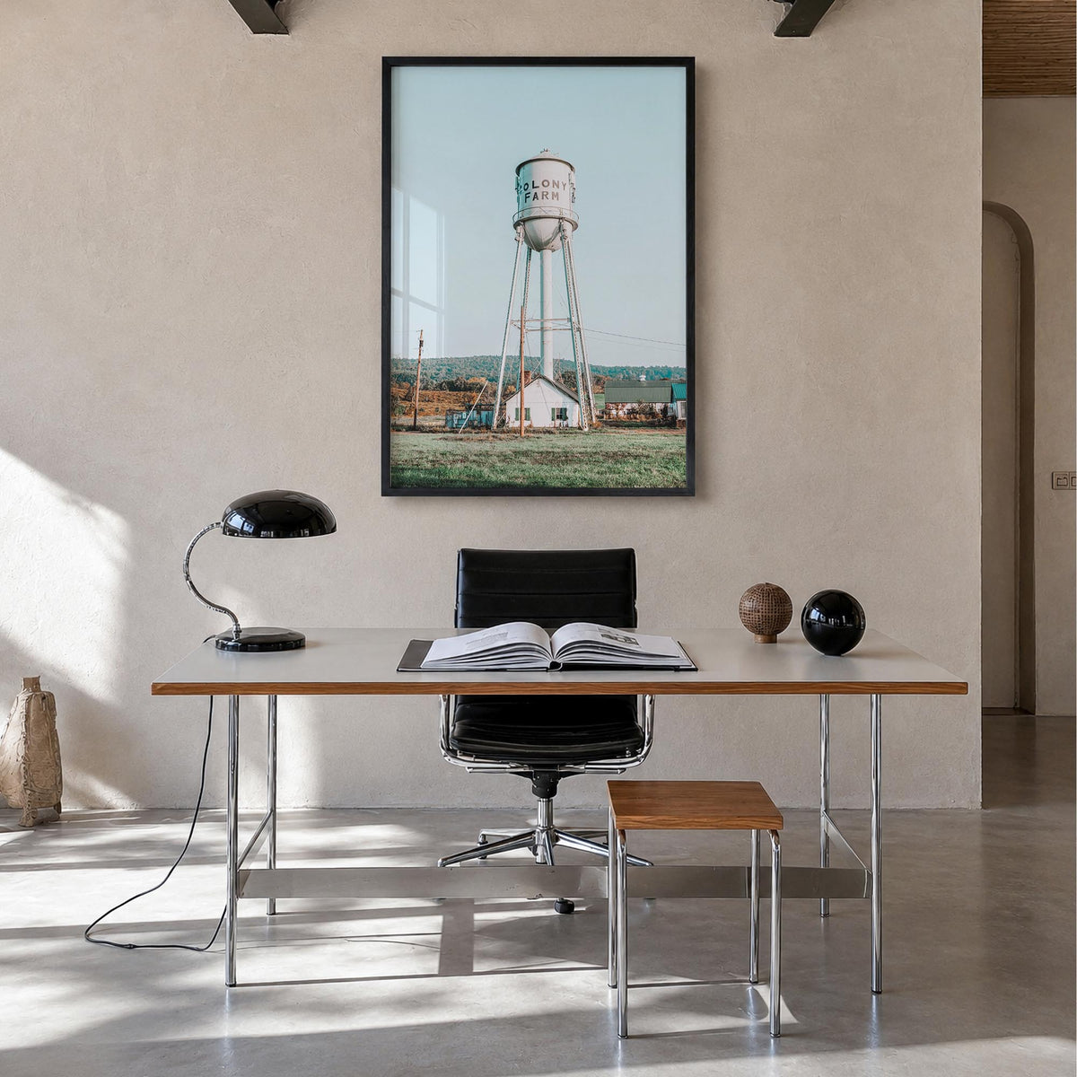 Water Tower no. 1 colorful photo poster – vertical wall art in black wood frame, hanging on wall