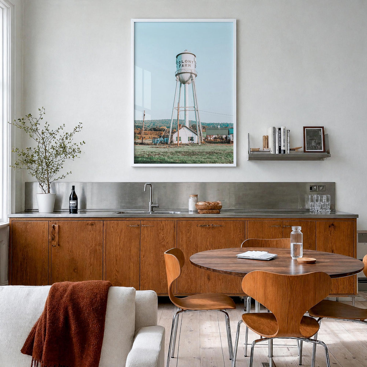 Water Tower no. 1 colorful photo poster – vertical wall art in white wood frame, hanging on wall