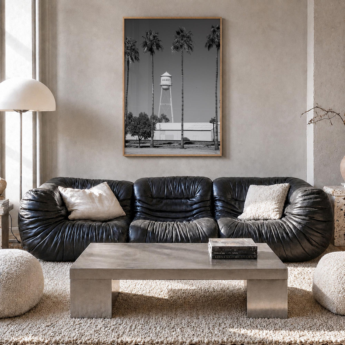 Water Tower no. 2 black & white photo poster – vertical wall art in natural wood frame, hanging on wall