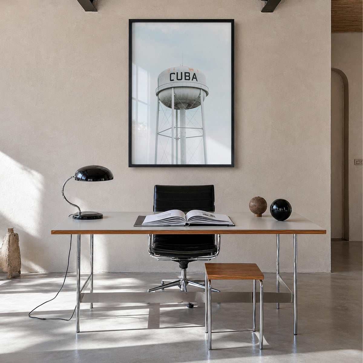 Water Tower no. 2 colorful photo poster – vertical wall art in black wood frame, hanging on wall