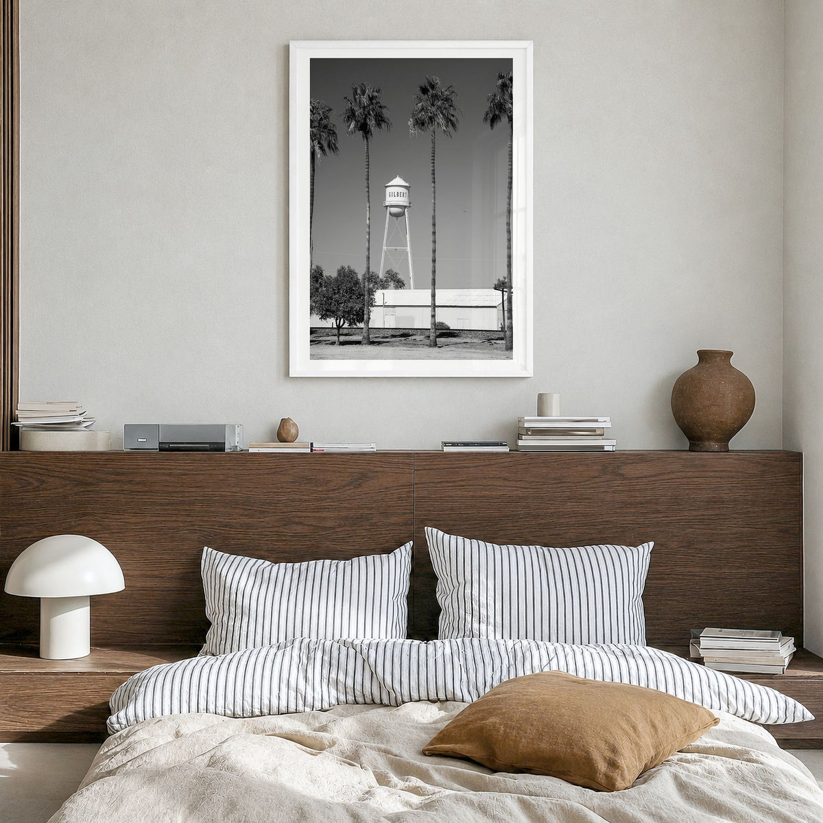 Water Tower Photo No 2 Poster in a white wood frame, hanging in a bedroom, white border