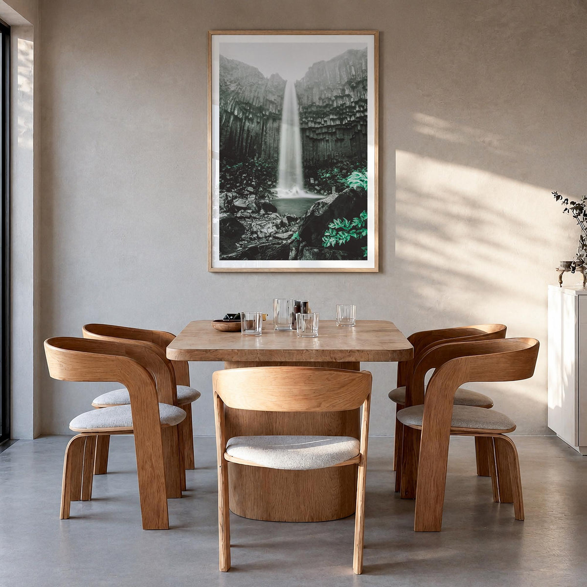Waterfall colorful photo poster – vertical wall art in natural wood frame with white border, hanging on wall