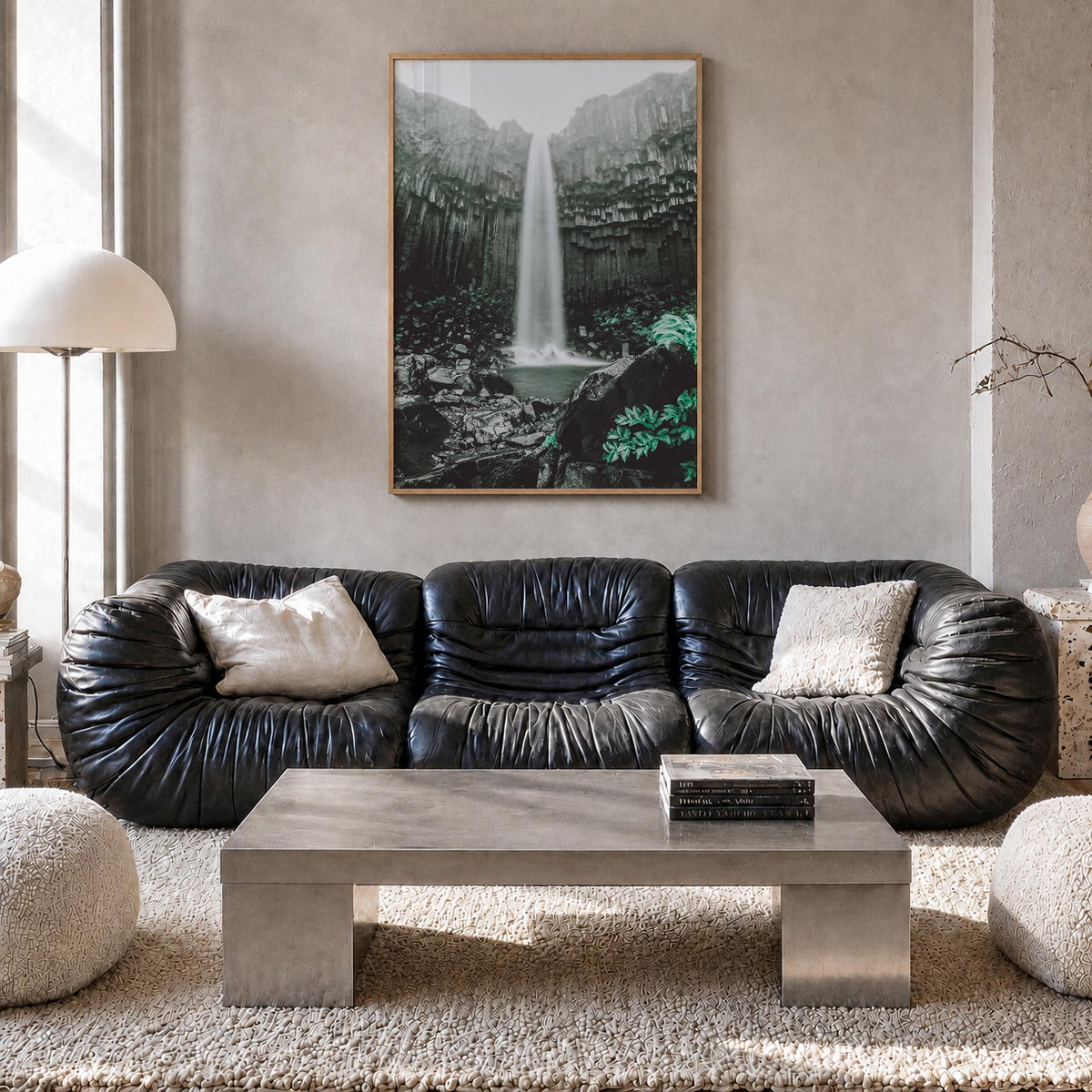Waterfall colorful photo poster – vertical wall art in natural wood frame, hanging on wall