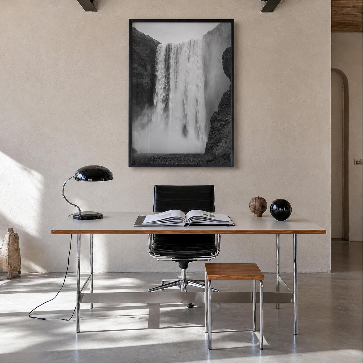 Waterfall no. 1 black & white photo poster – vertical wall art in black wood frame, hanging on wall