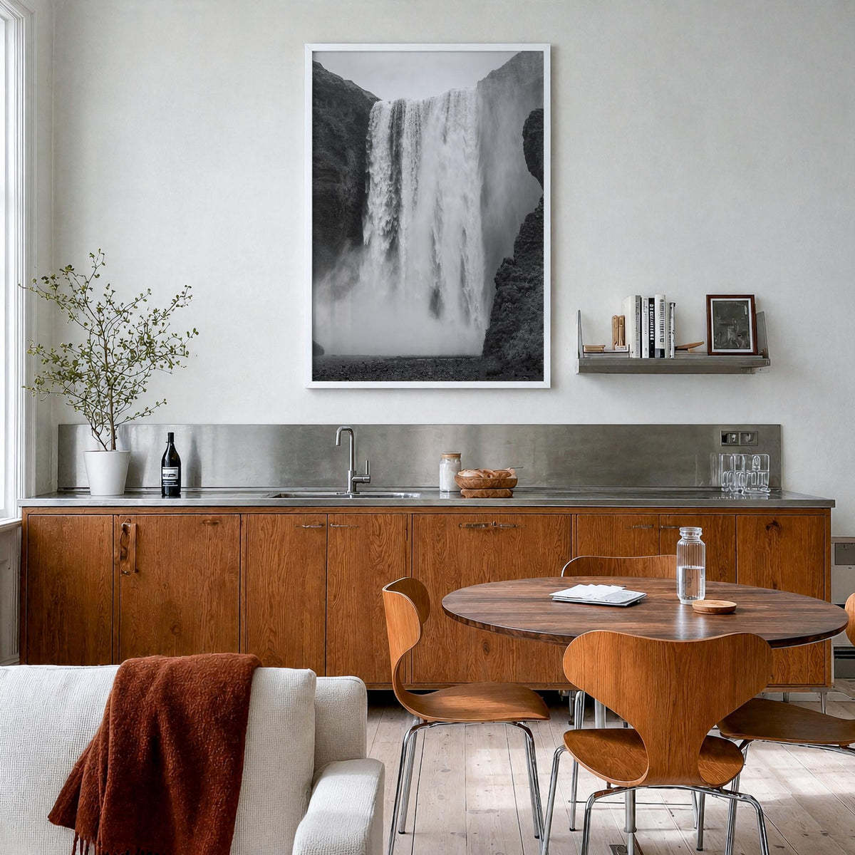Waterfall no. 1 black & white photo poster – vertical wall art in white wood frame, hanging on wall