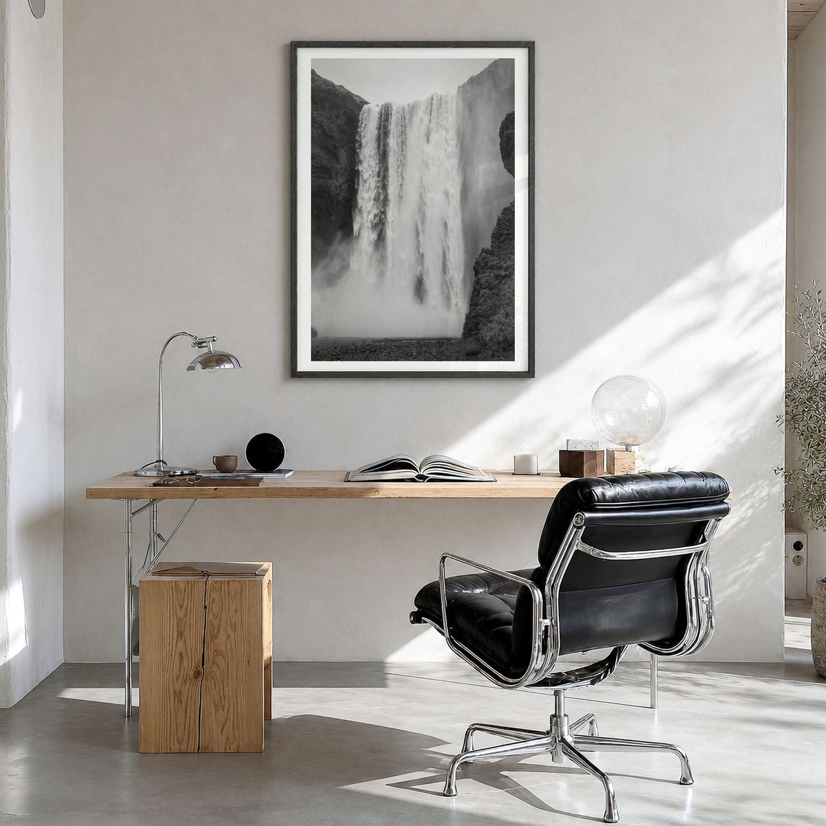 Waterfall Photo No 1 Poster in a black wood frame, hanging in a bright home office, white border