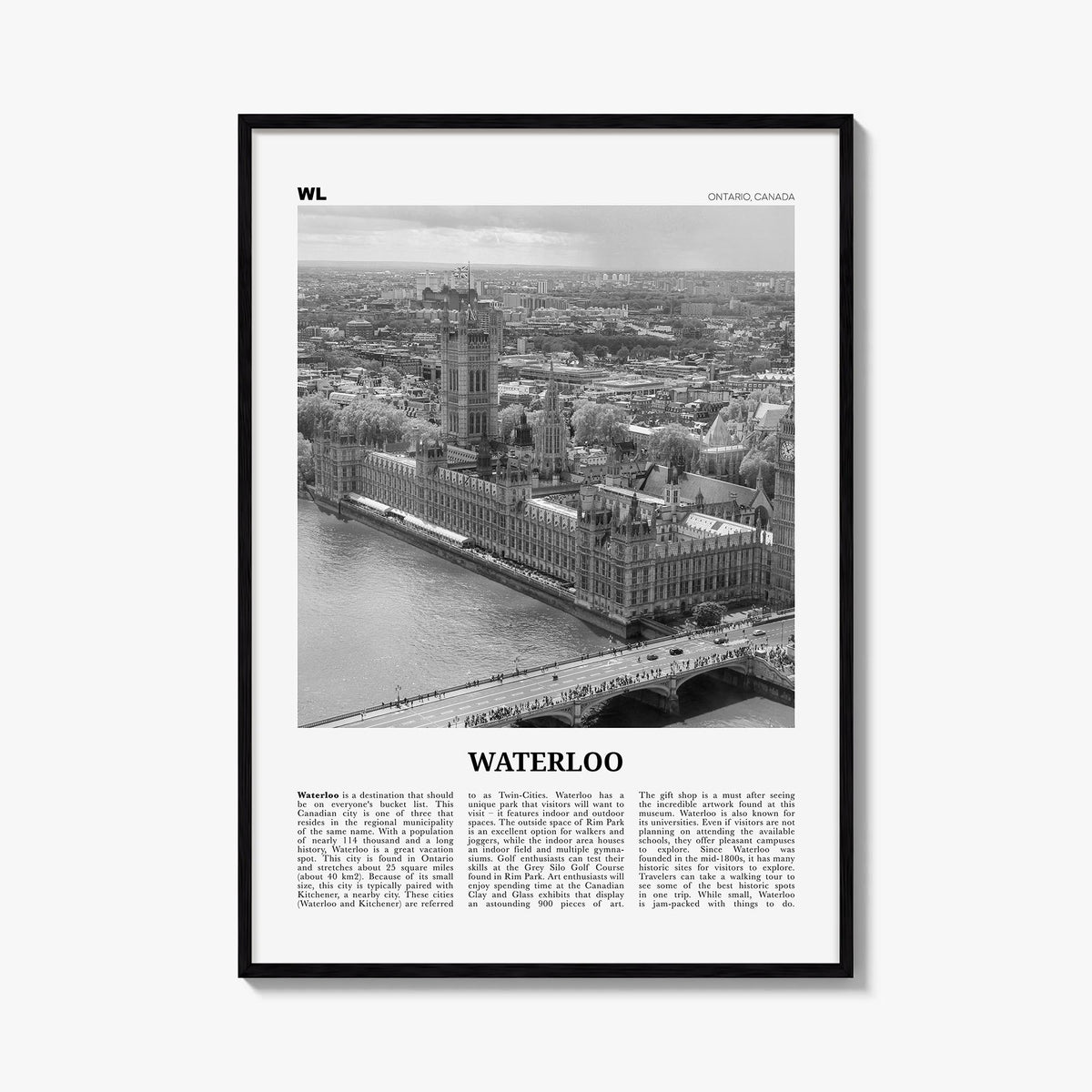 Waterloo black & white newspaper poster of Canada – vertical wall art, unframed print shown in interior mockup