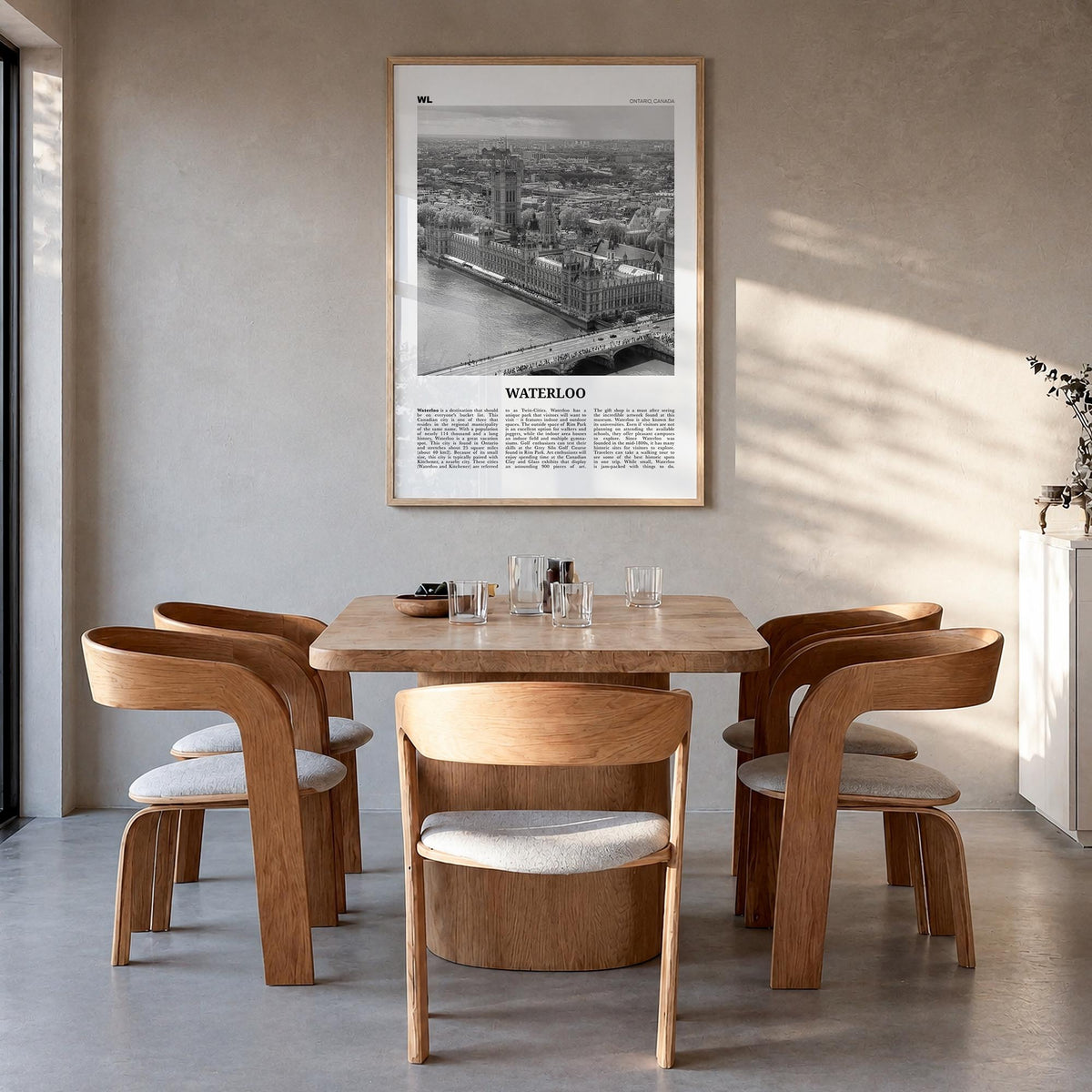 Waterloo black & white newspaper poster of Canada – vertical wall art in natural wood frame, hanging on wall