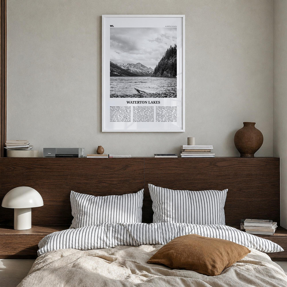 Waterton Lakes National Park black & white newspaper poster of Canada – vertical wall art in white wood frame, hanging on wal
