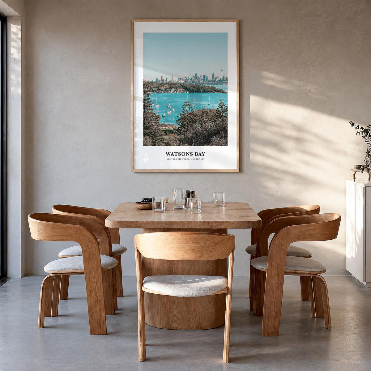 Watsons Bay colorful classic poster of Australia – vertical wall art in natural wood frame, hanging on wall