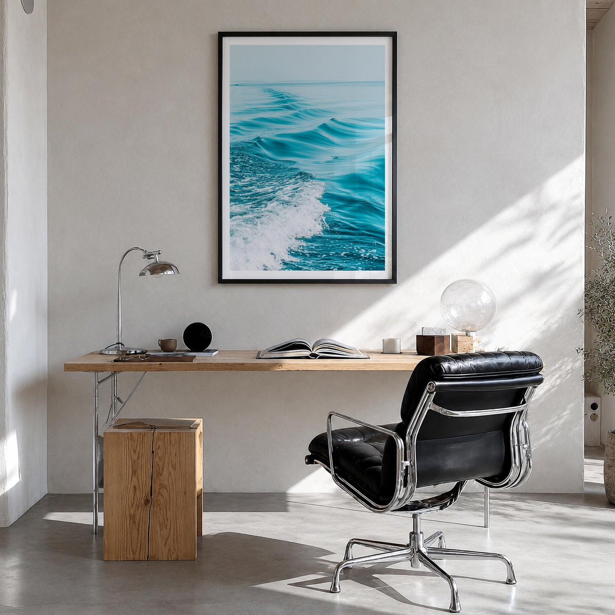 Waves at Sea colorful photo poster – vertical wall art in black wood frame with white border, hanging on wall