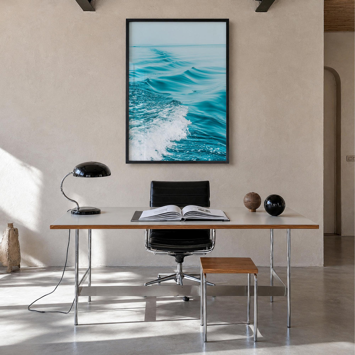 Waves at Sea colorful photo poster – vertical wall art in black wood frame, hanging on wall