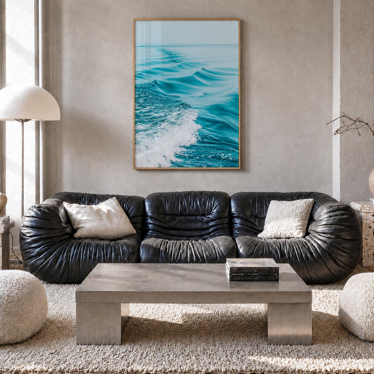 Waves at Sea colorful photo poster – vertical wall art in natural wood frame, hanging on wall
