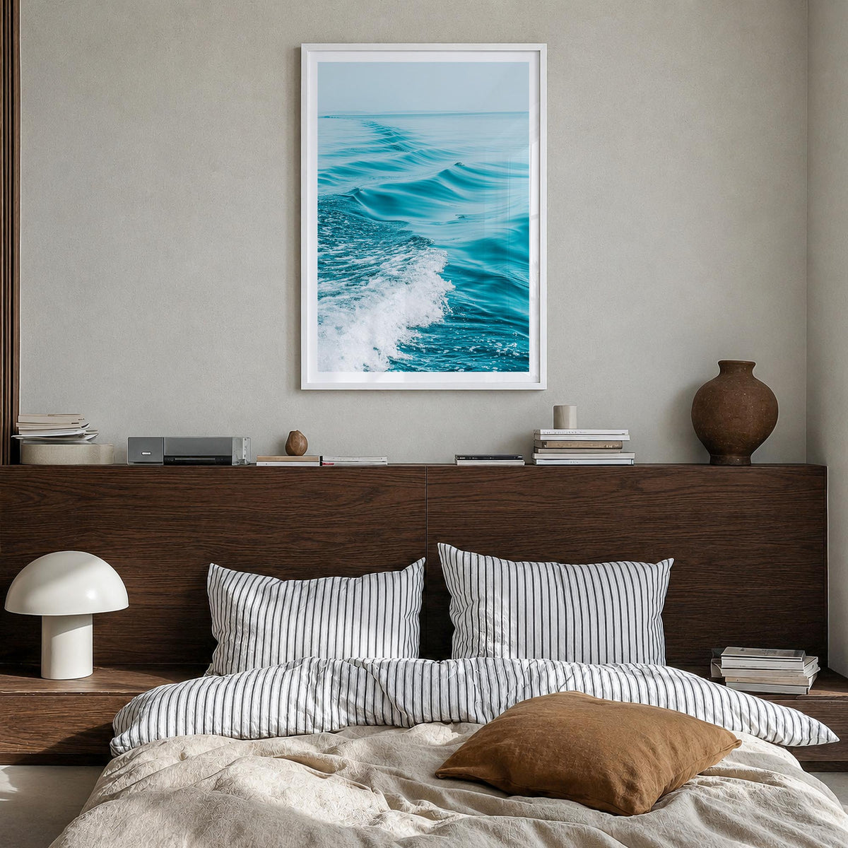 Waves at Sea colorful photo poster – vertical wall art in white wood frame with white border, hanging on wall