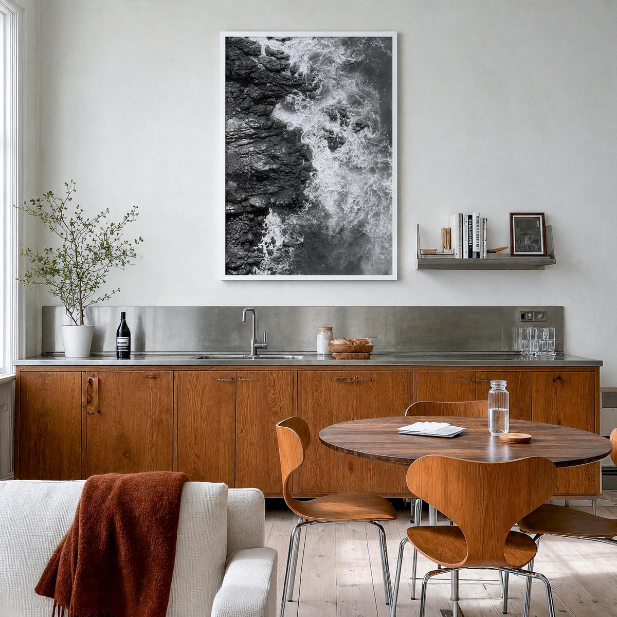 Waves Crashing no. 1 black & white photo poster – vertical wall art in white wood frame, hanging on wall