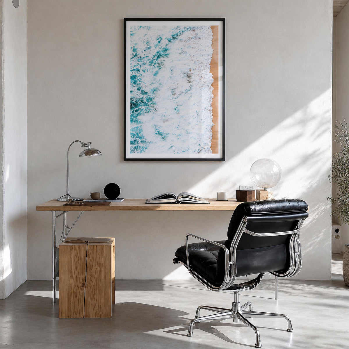 Waves Crashing no. 1 colorful photo poster – vertical wall art in black wood frame with white border, hanging on wall