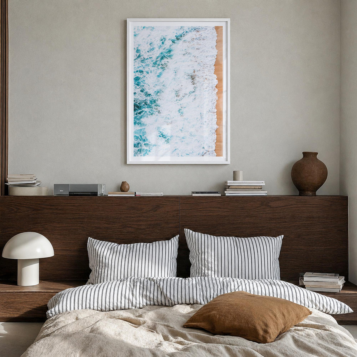 Waves Crashing no. 1 colorful photo poster – vertical wall art in white wood frame with white border, hanging on wall