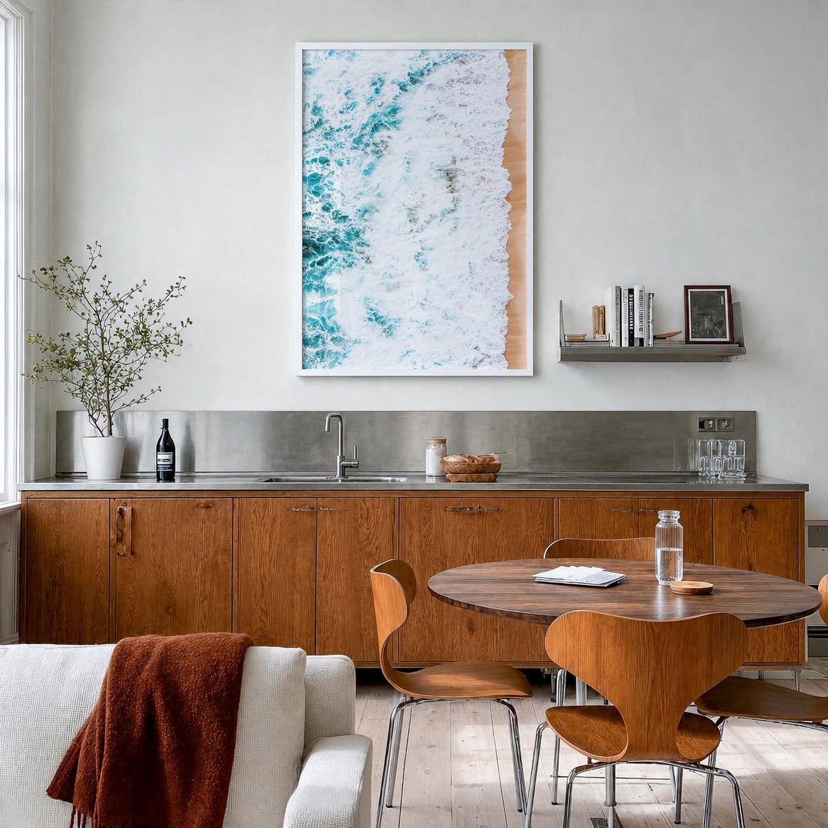 Waves Crashing no. 1 colorful photo poster – vertical wall art in white wood frame, hanging on wall