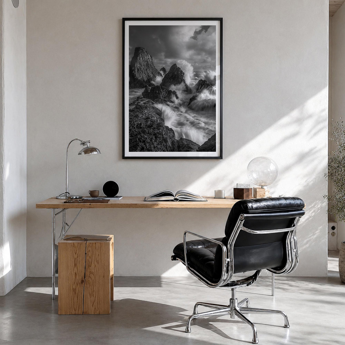 Waves Crashing no. 2 black & white photo poster – vertical wall art in black wood frame with white border, hanging on wall
