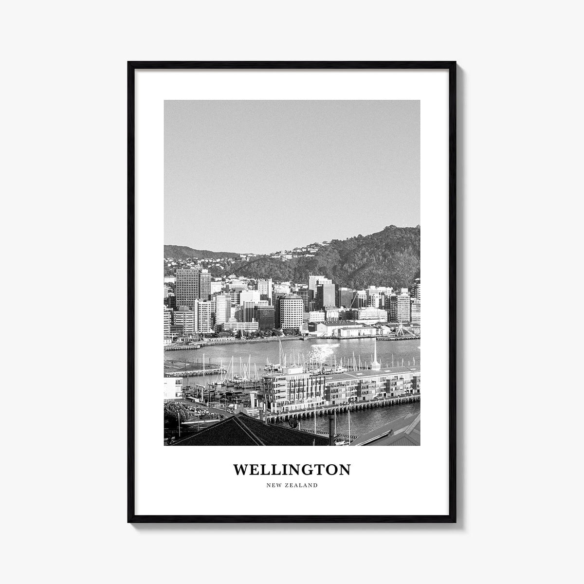 Wellington black & white classic poster of New Zealand – vertical wall art, unframed print shown in interior mockup