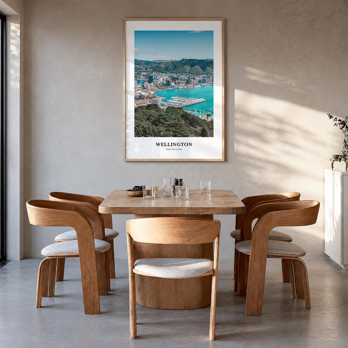 Wellington colorful classic poster of New Zealand – vertical wall art in natural wood frame, hanging on wall