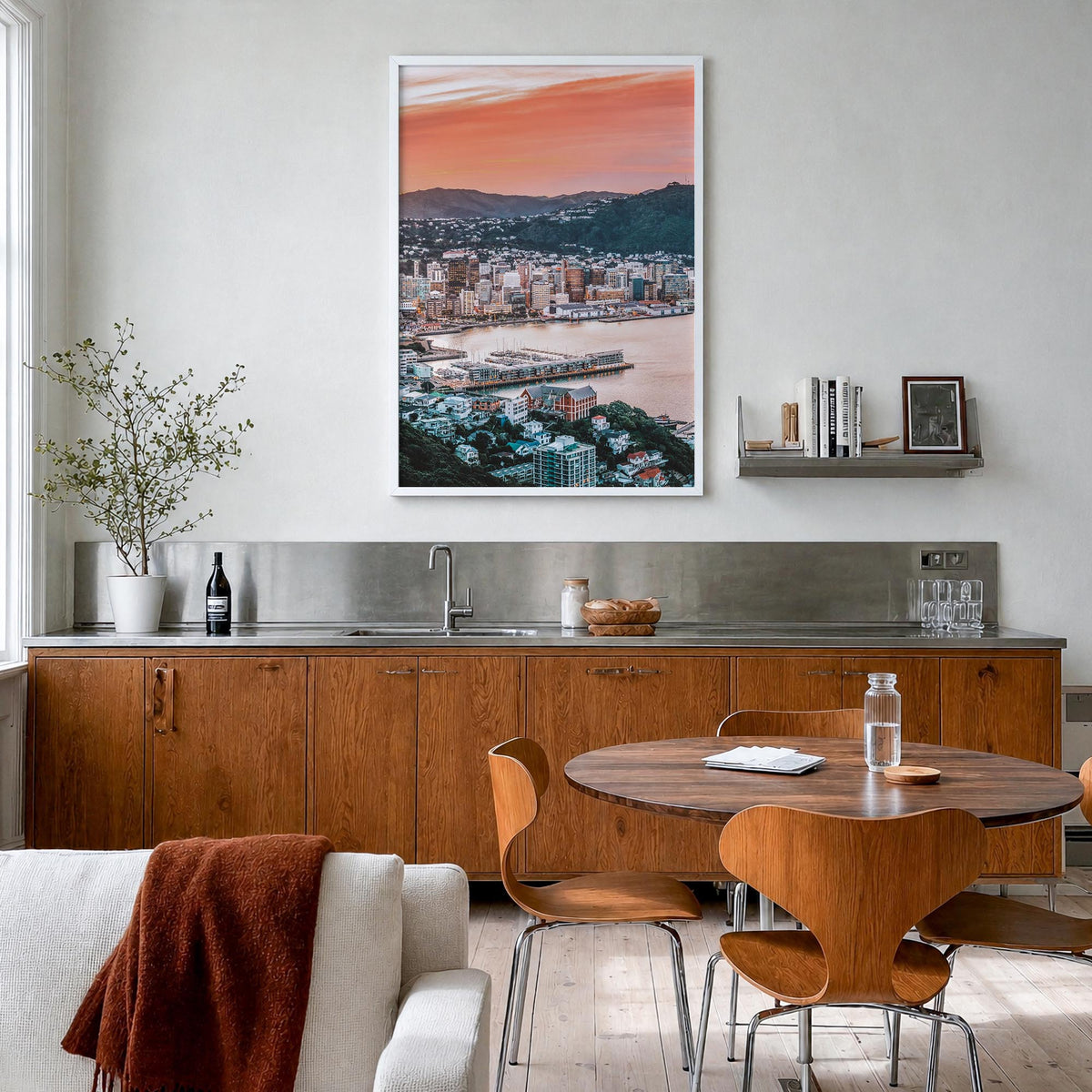 Wellington colorful photo poster of New Zealand – vertical wall art in white wood frame, hanging on wall