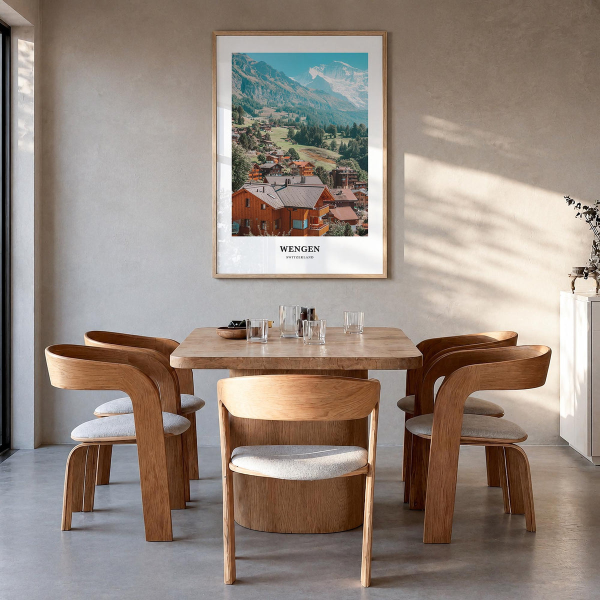 Wengen colorful classic poster of Switzerland – vertical wall art in natural wood frame, hanging on wall