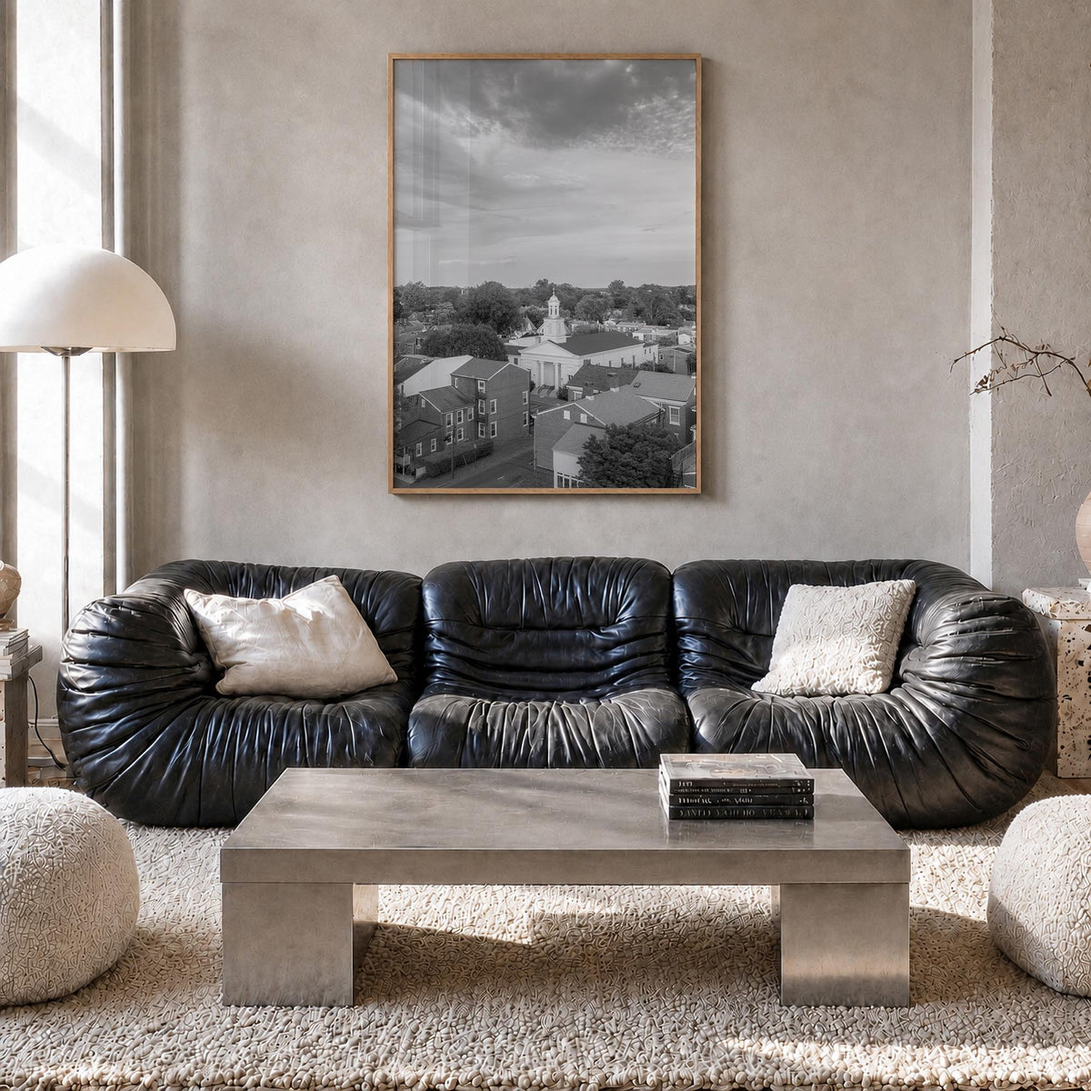 West Chester black & white photo poster of Pennsylvania, USA – vertical wall art in natural wood frame, hanging on wall
