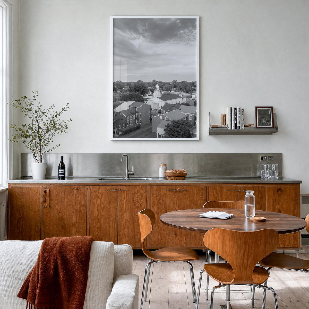 West Chester black & white photo poster of Pennsylvania, USA – vertical wall art in white wood frame, hanging on wall
