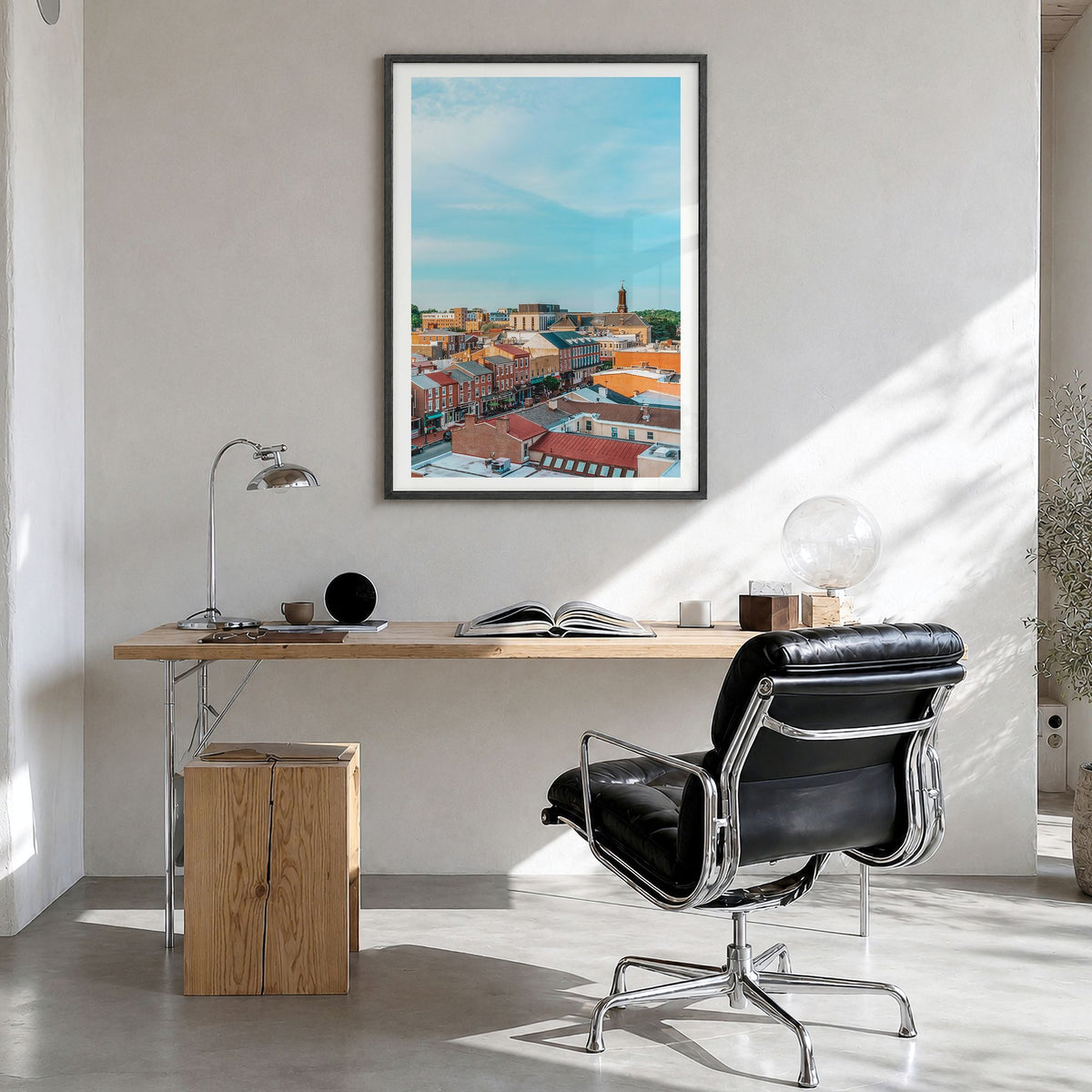 West Chester, Pennsylvania Photo Poster in a black wood frame, hanging in a bright home office, white border