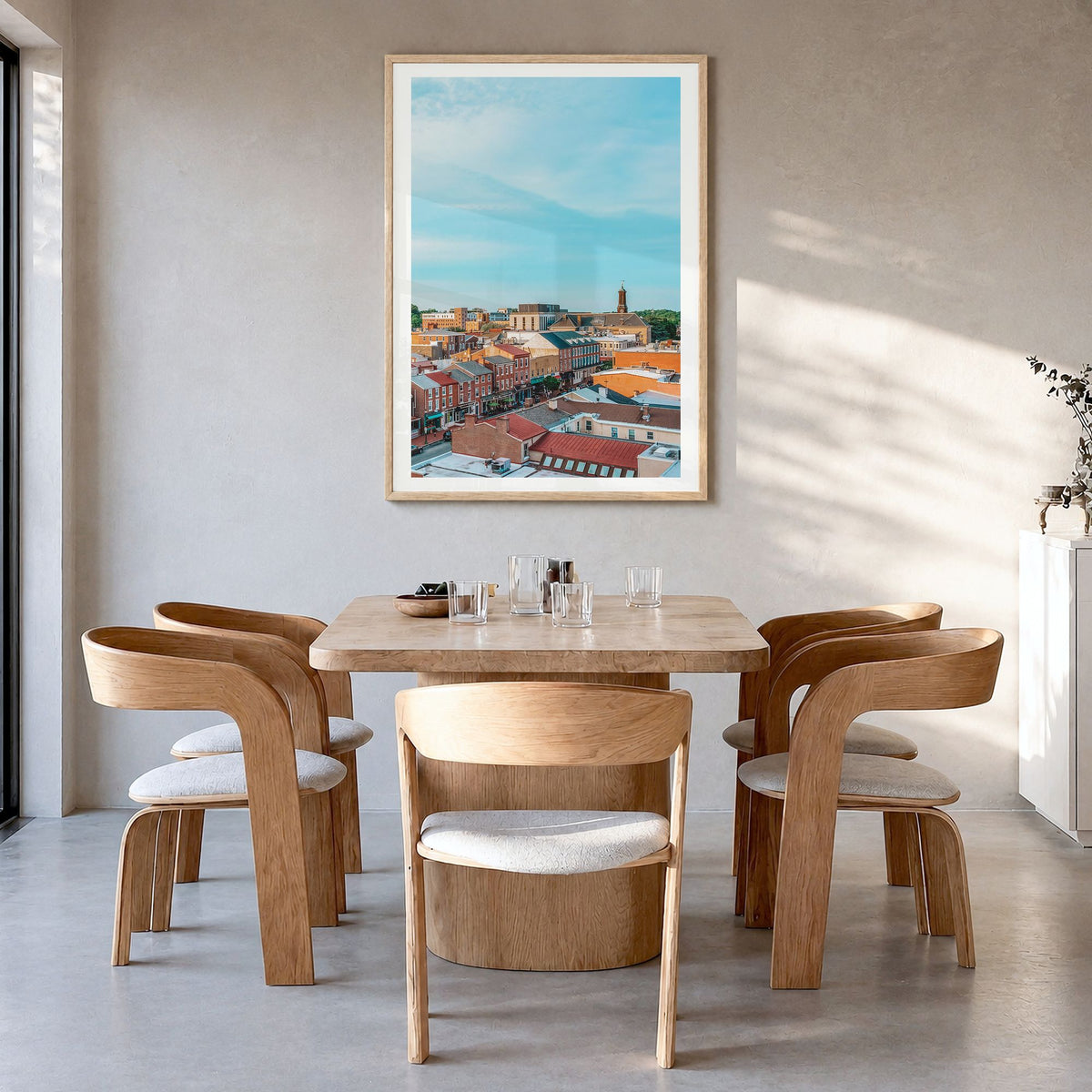 West Chester, Pennsylvania Photo Poster in a natural wood frame, hanging in a dining room, white border