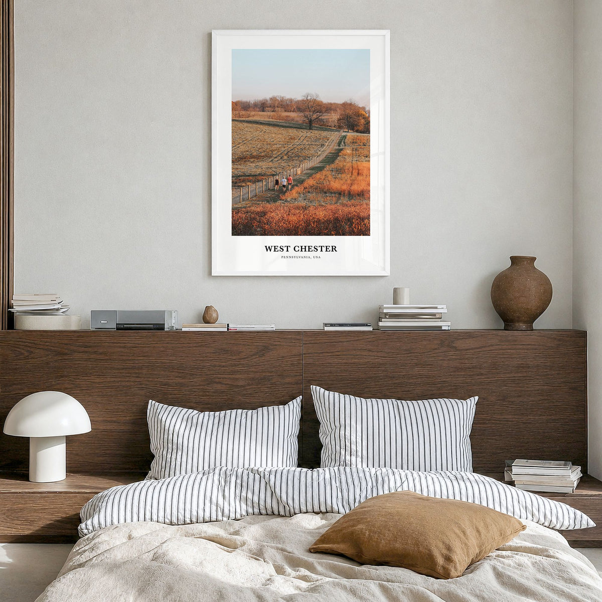West Chester, Pennsylvania Classic Poster in a white wood frame, hanging in a bedroom