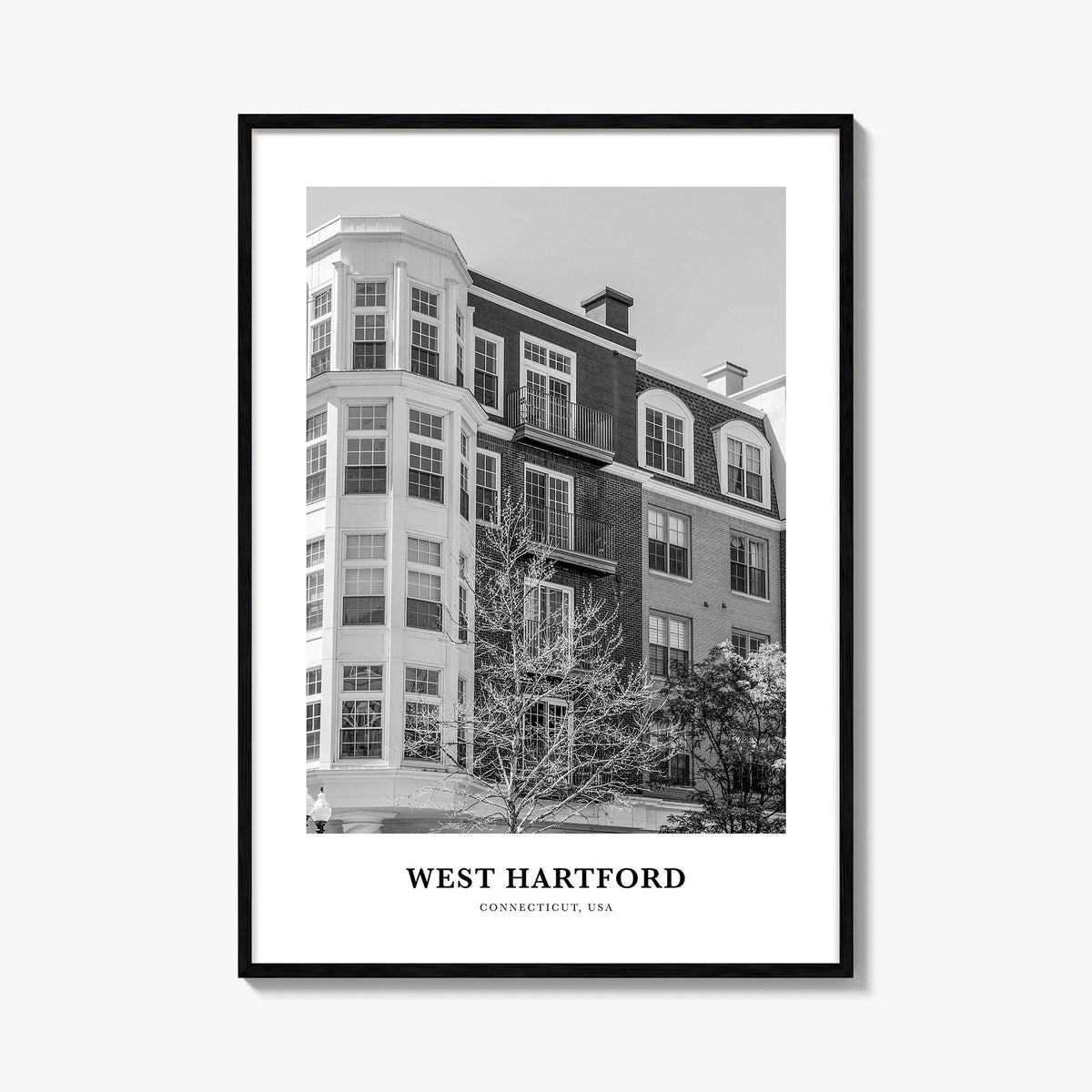 West Hartford black & white classic poster of Connecticut, USA – vertical wall art, unframed print shown in interior mockup