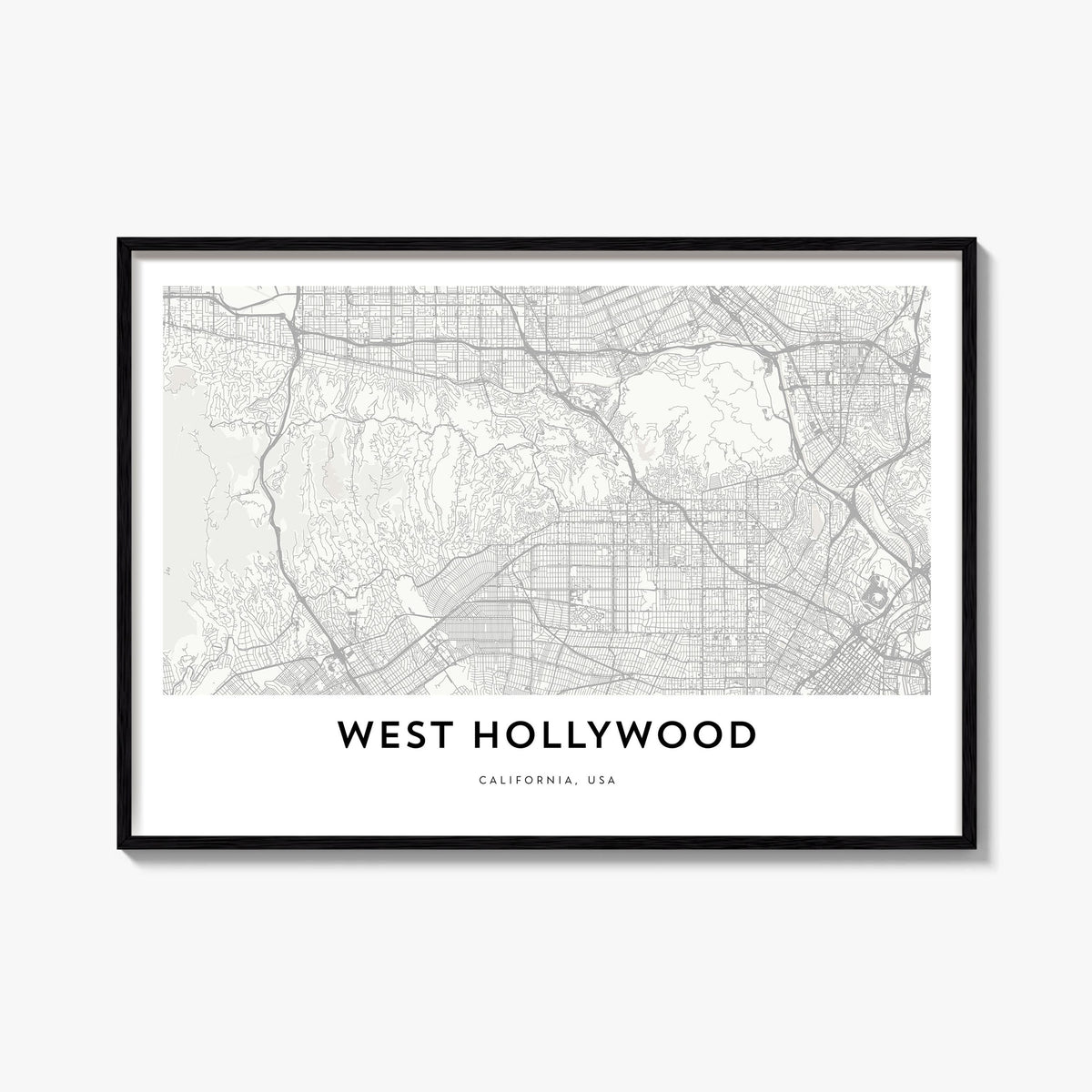 West Hollywood black & white map poster of California, USA – horizontal wall art, unframed print shown in interior mockup