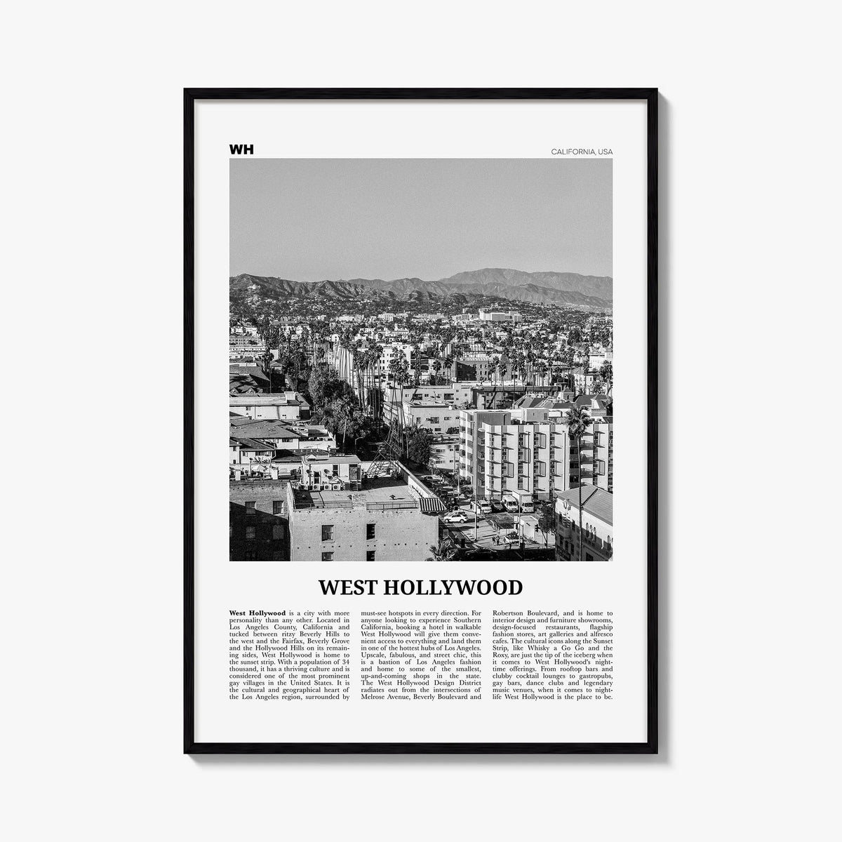 West Hollywood black & white newspaper poster of California, USA – vertical wall art, unframed print shown in interior mockup