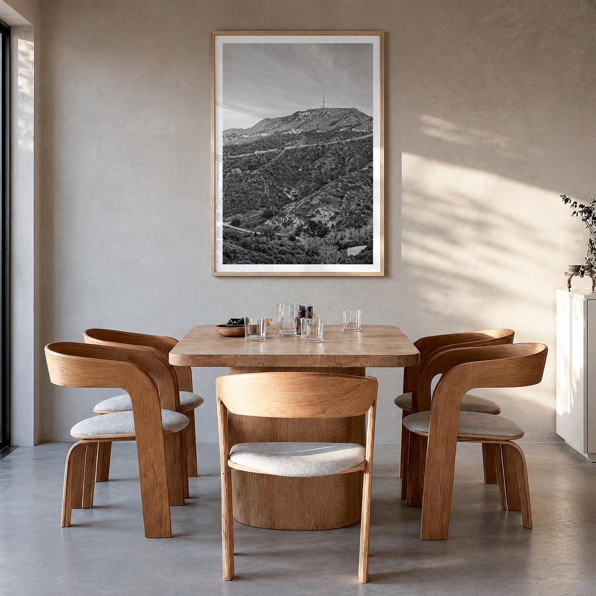 West Hollywood black & white photo poster of California, USA – vertical wall art in natural wood frame with white border, han