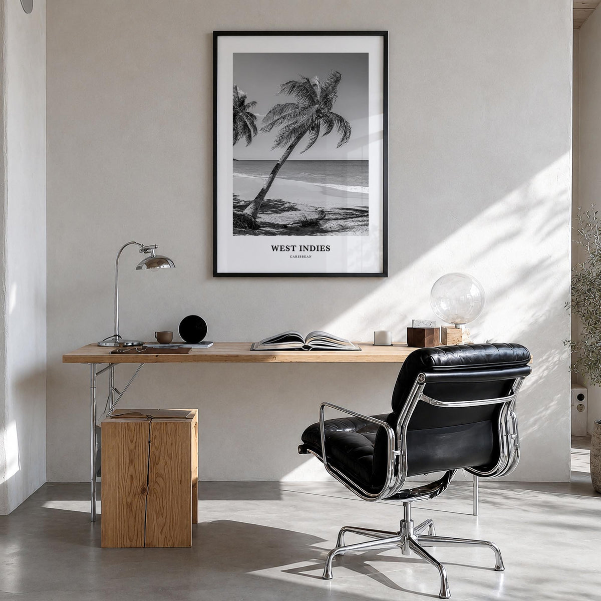 West Indies black & white classic poster of Caribbean – vertical wall art in black wood frame, hanging on wall