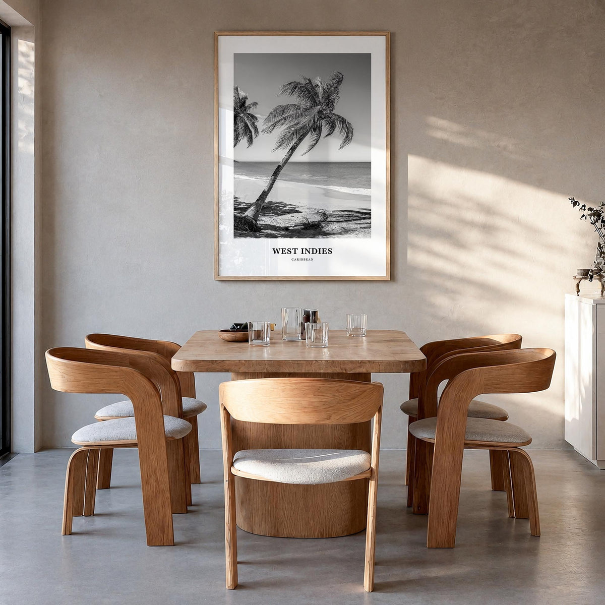 West Indies black & white classic poster of Caribbean – vertical wall art in natural wood frame, hanging on wall