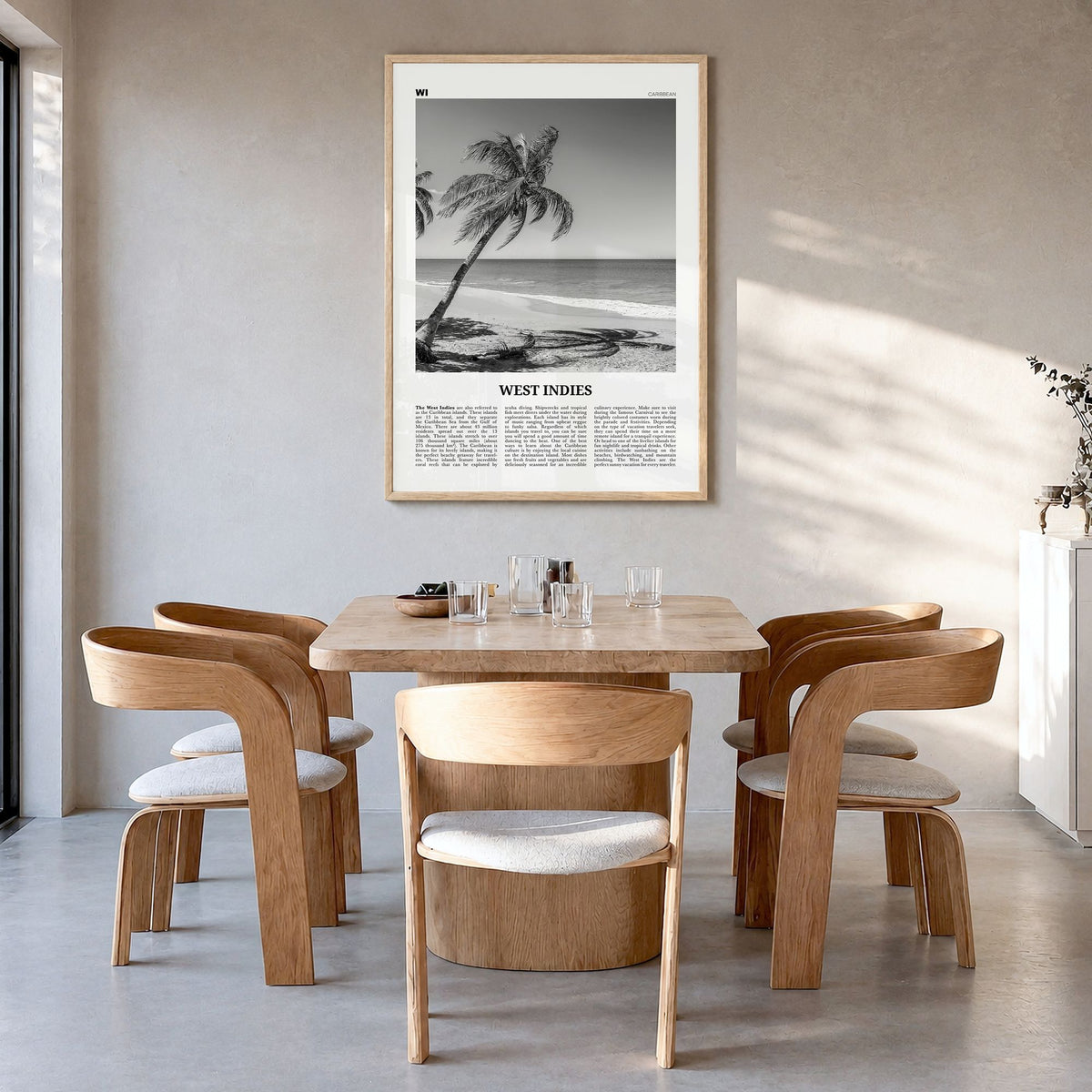 West Indies Newspaper Poster in a natural wood frame, hanging in a dining room