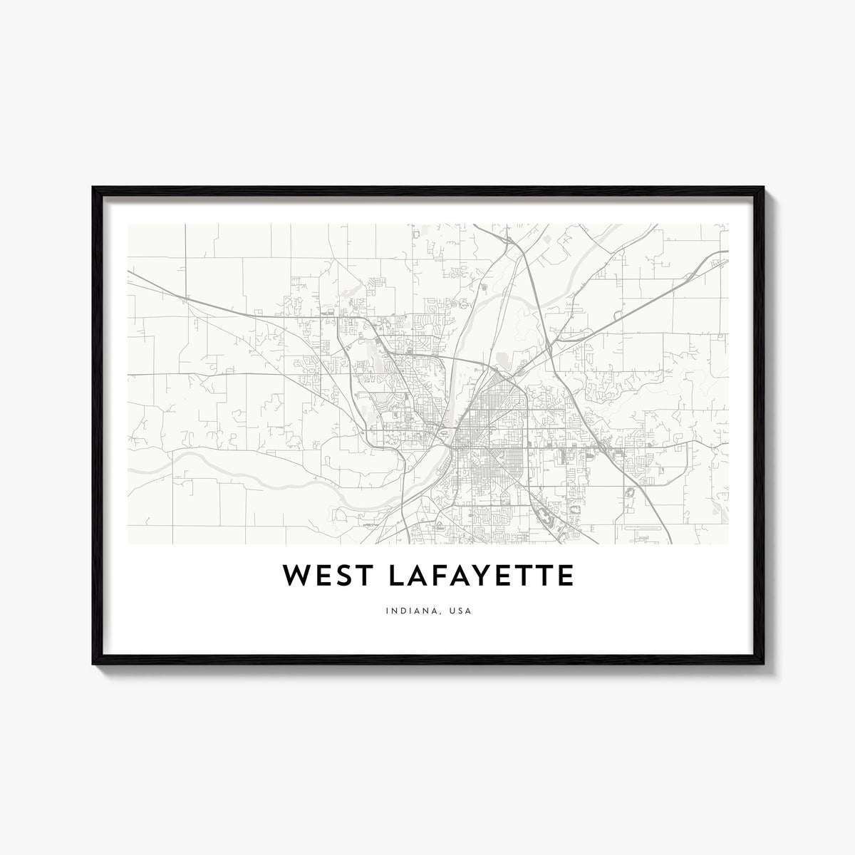 West Lafayette black & white map poster of Indiana, USA – horizontal wall art, unframed print shown in interior mockup