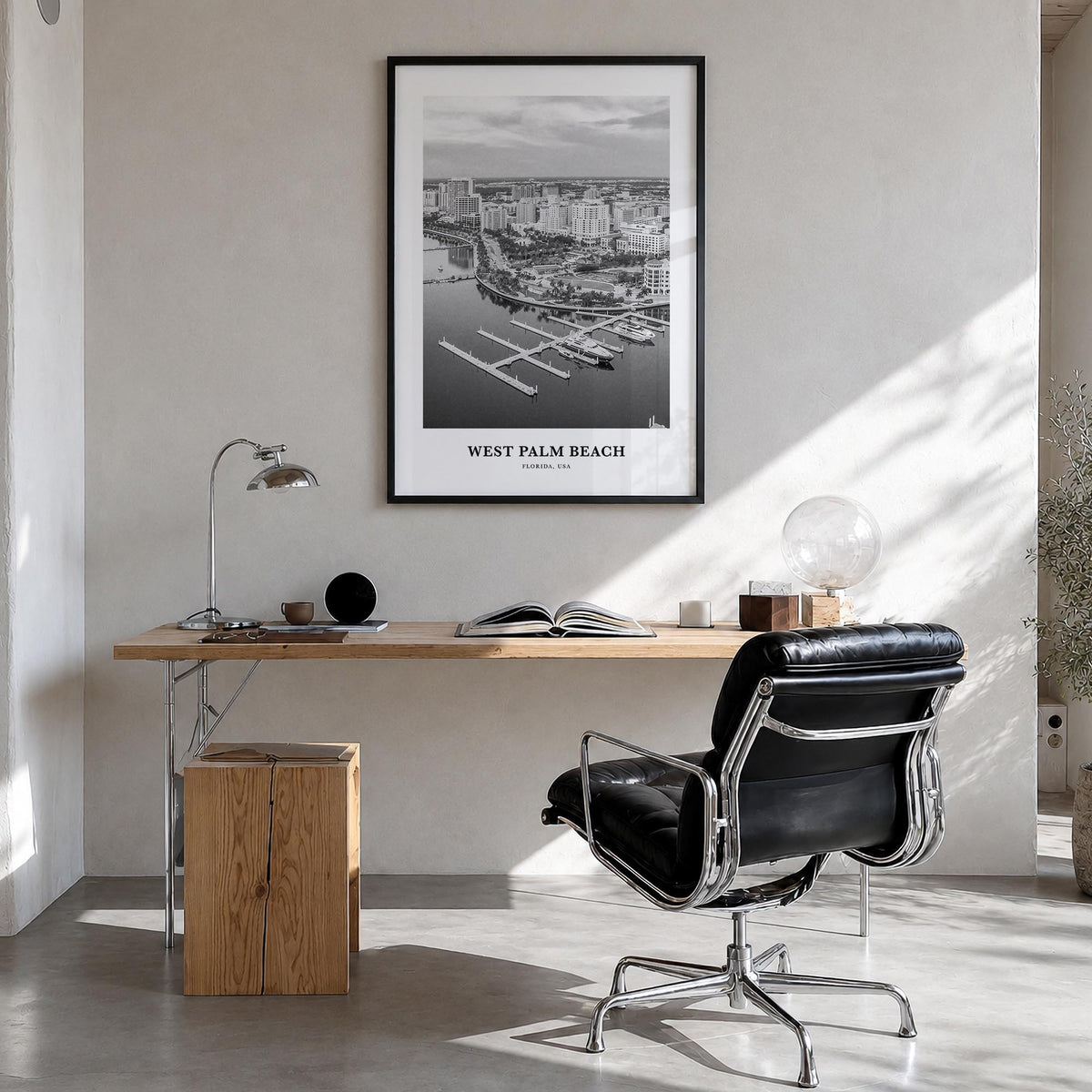 West Palm Beach no. 1 black & white classic poster of Florida, USA – vertical wall art in black wood frame, hanging on wall