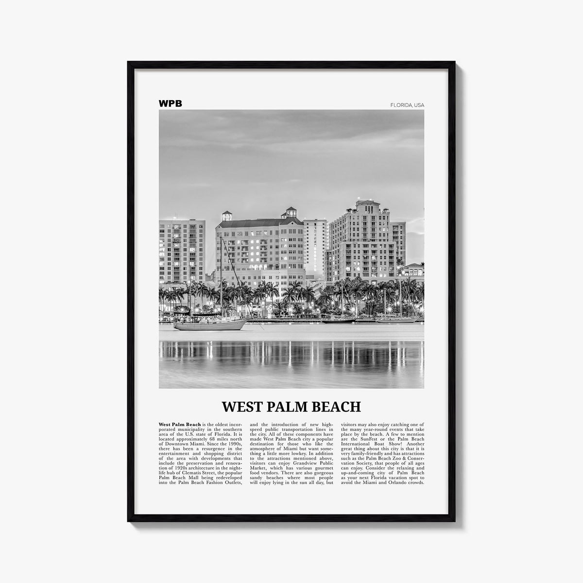 West Palm Beach no. 2 black & white newspaper poster of Florida, USA – vertical wall art, unframed print shown in interior mo