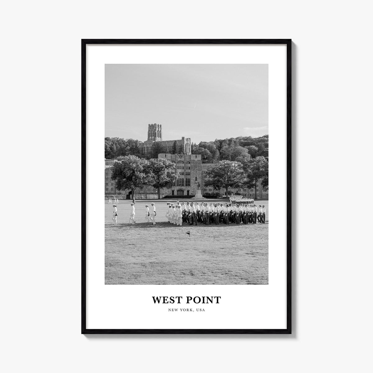West Point black & white classic poster of New York, USA – vertical wall art, unframed print shown in interior mockup