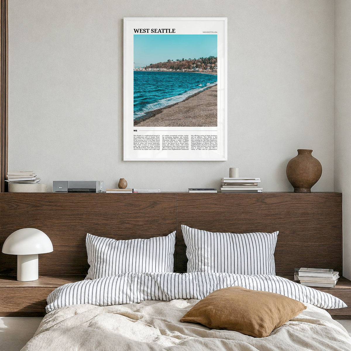West Seattle Travel Poster in a white wood frame, hanging in a bedroom
