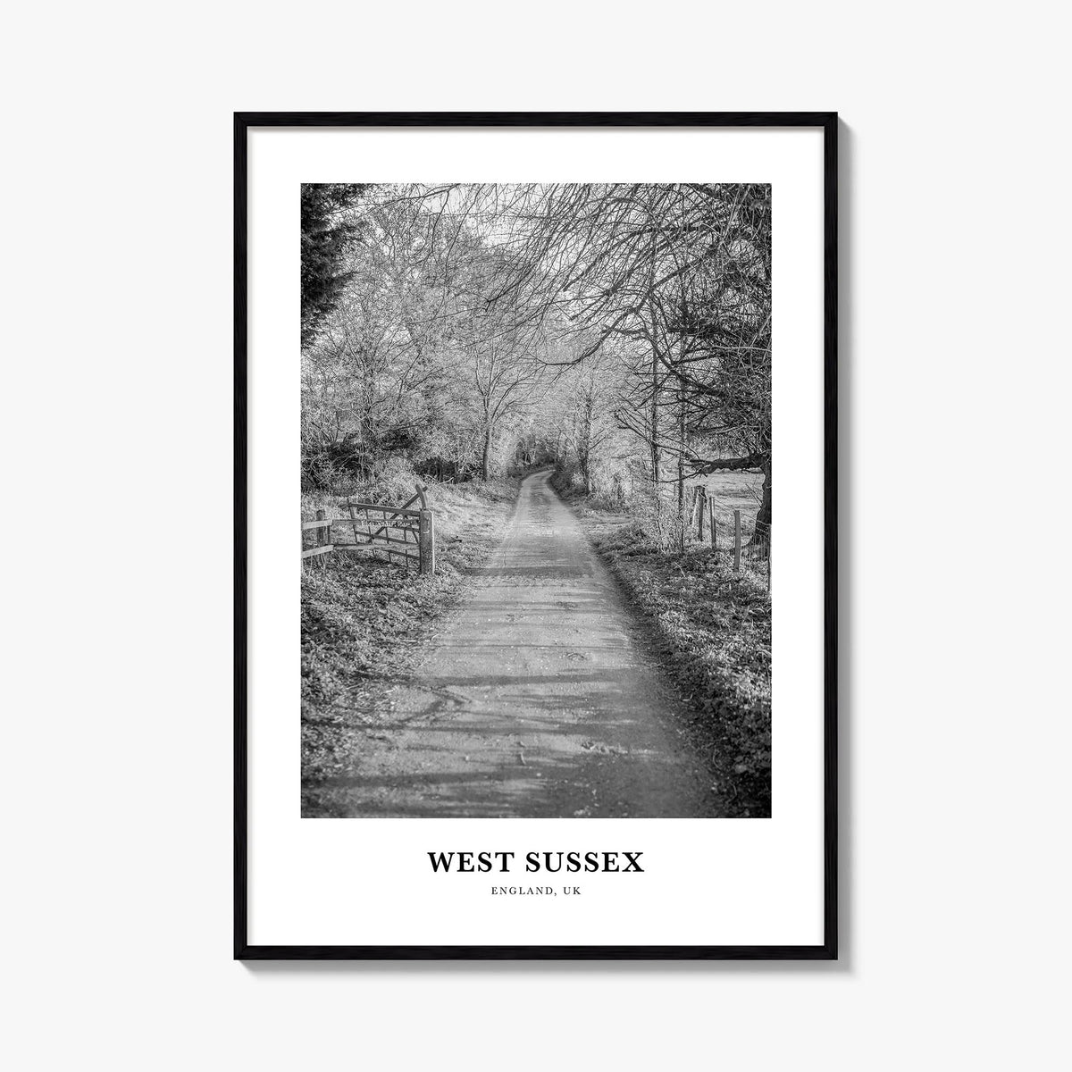 West Sussex black & white classic poster of United Kingdom – vertical wall art, unframed print shown in interior mockup