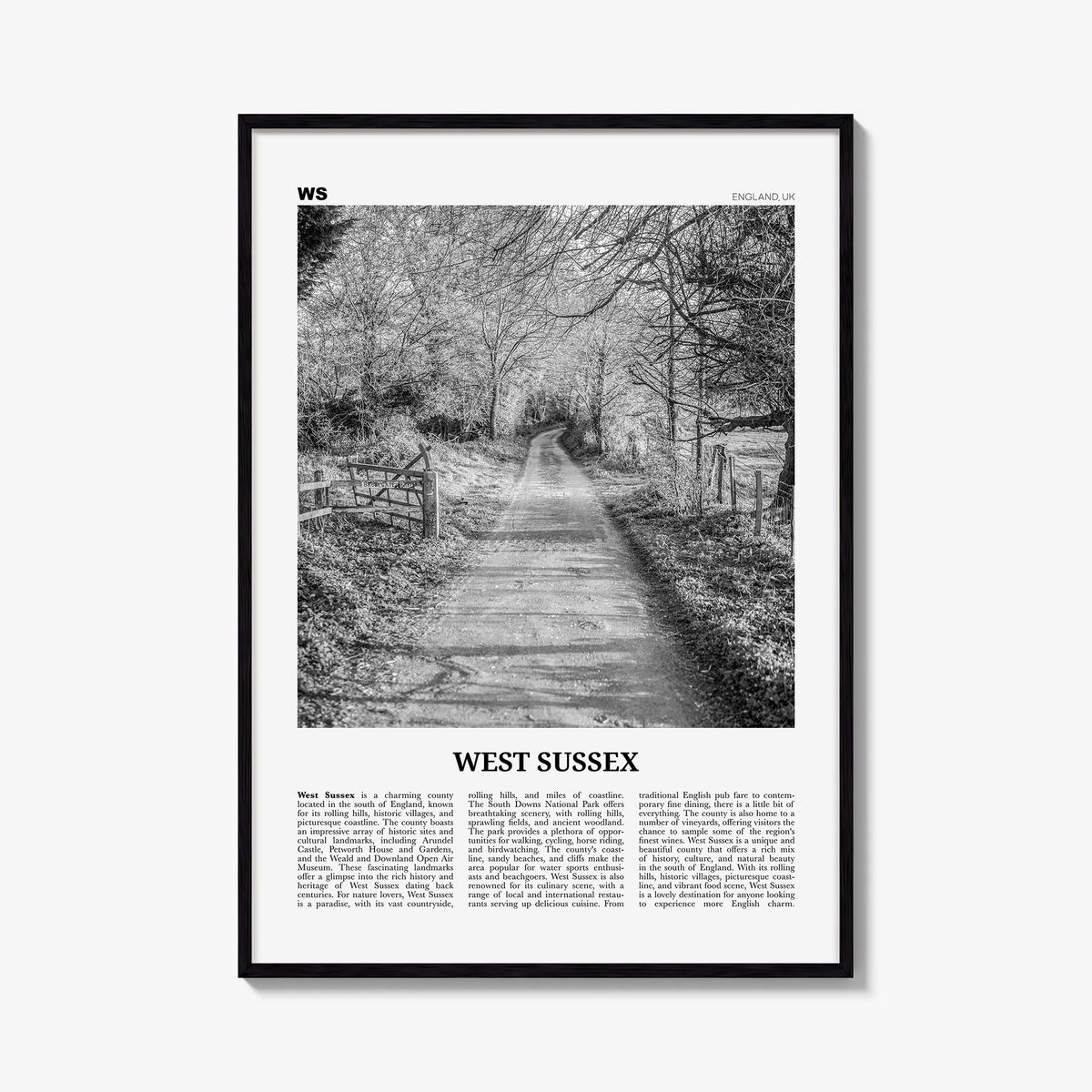 West Sussex black & white newspaper poster of United Kingdom – vertical wall art, unframed print shown in interior mockup